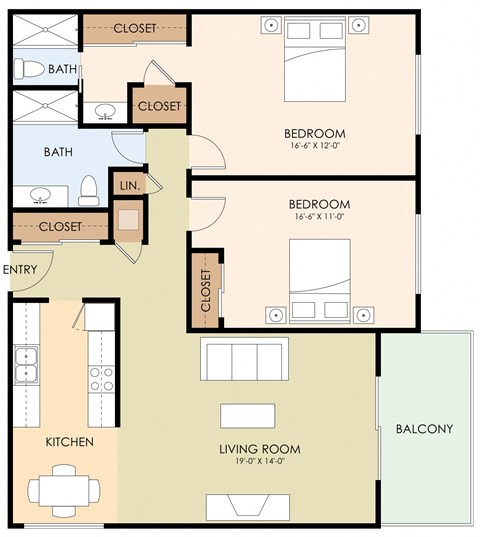 Two Bedroom Two Bath Floor Plan at Laurel Grove, Menlo Park, CA, 94025